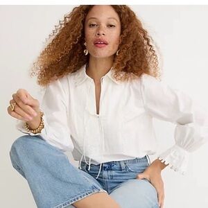 J. Crew Scalloped Cotton Poplin Popover Tie-Front Top Size Small